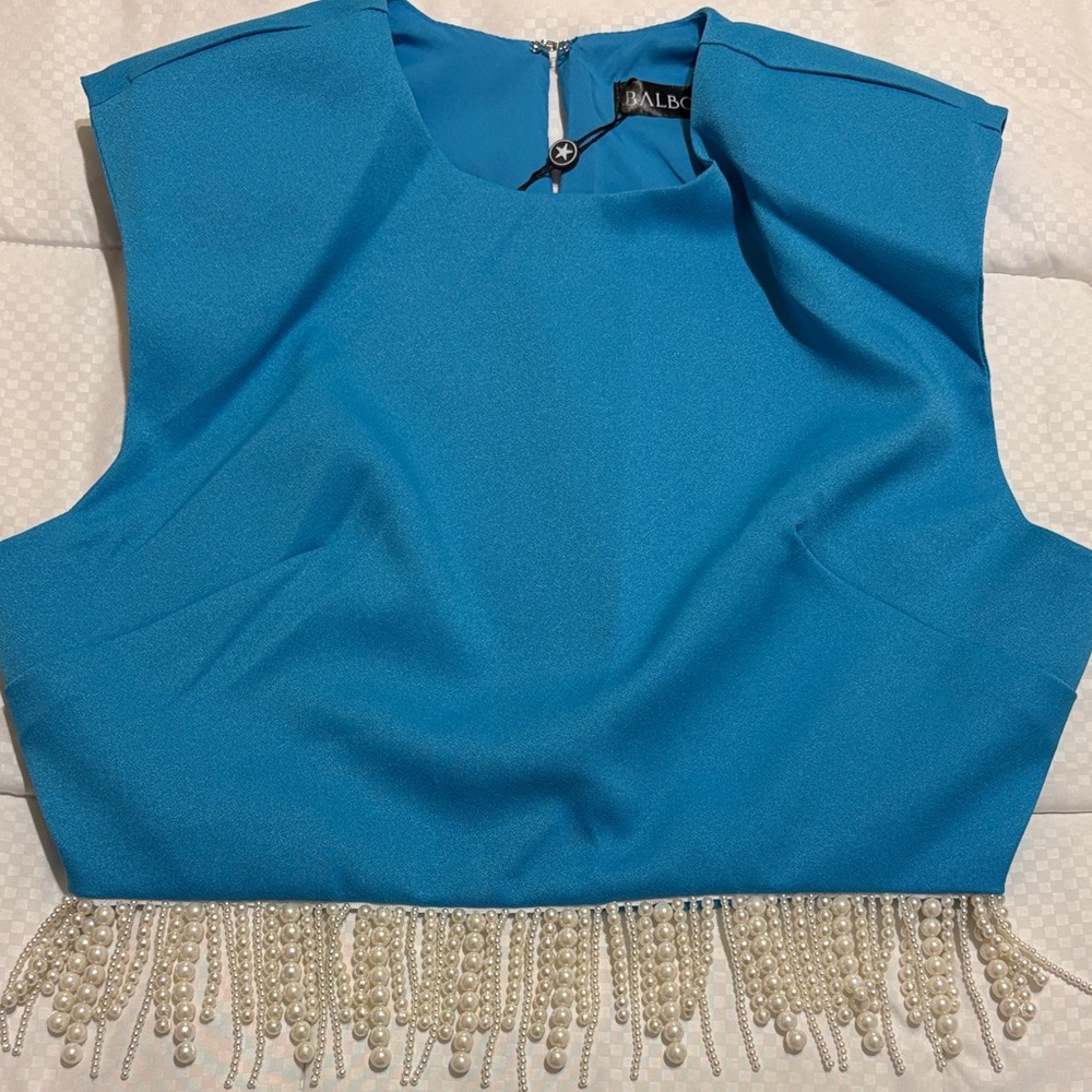Blue Sleeveless Crop Top with Pearl Fringe